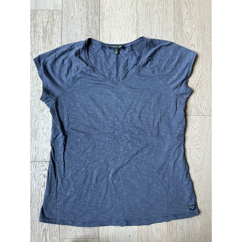 Toad&Co Women Blue Slub Knit V-Neck Raglan Cap Sleeve T-Shirt Size M